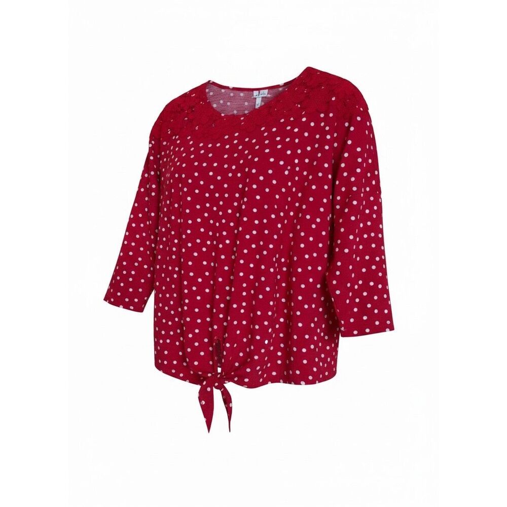 ELLE NWOT Polka Dot Applique Floral 3/4 Sleeve Tie‎ Front Blouse Red White Large
